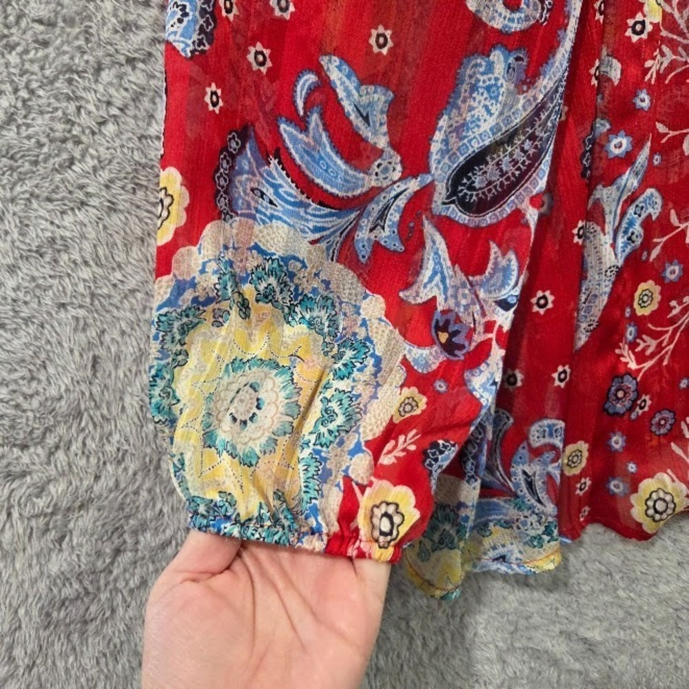 Style & Co Red Floral Paisley Semi-Sheer Popover Blouse Medium Boho Peasant Top - Picture 9 of 10